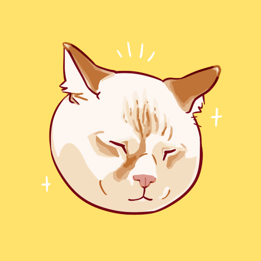 A digital drawing of the face of a white cat with cream colored ears over a yellow background with little white scribbles around it.