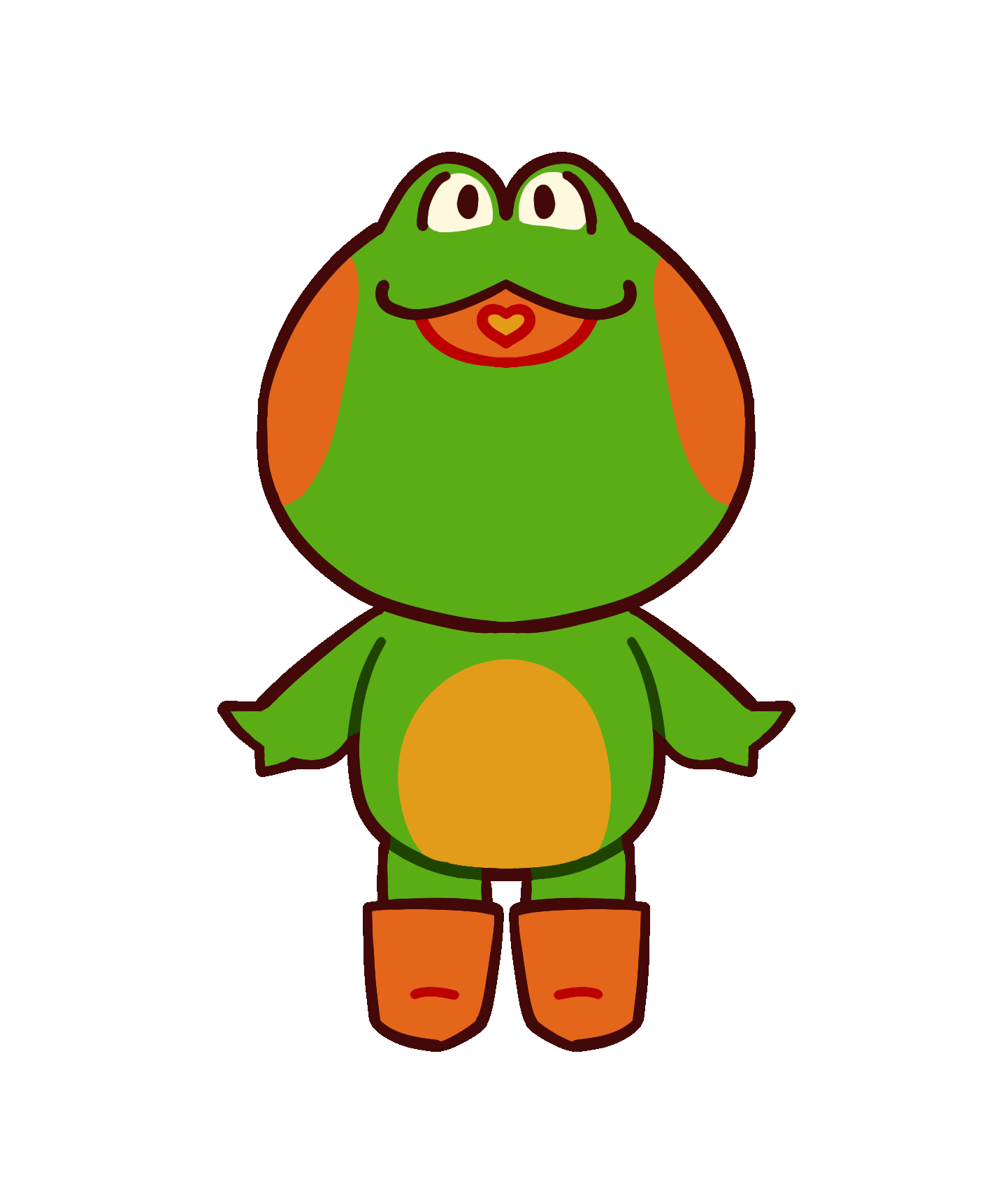 a gif of a cartoon frog character with orange rain booties spinning in place. It's kind of rough. The character is green, with a orange cheecks and a yellow tummy. He is smiling with an open mouth.