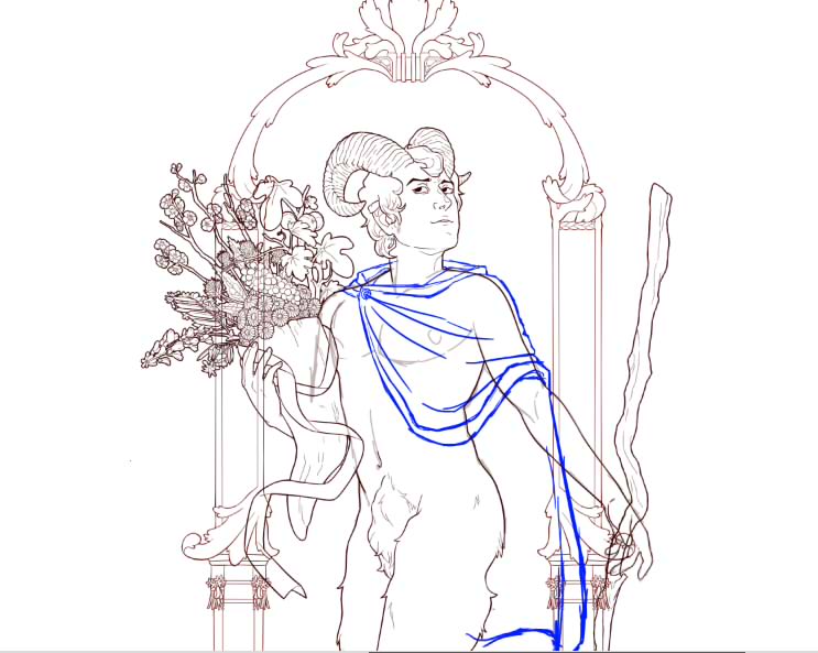 a digital sketch of a semirealistic satyr in a nouveau style. He's carrying a cornucopia full of edible plants.