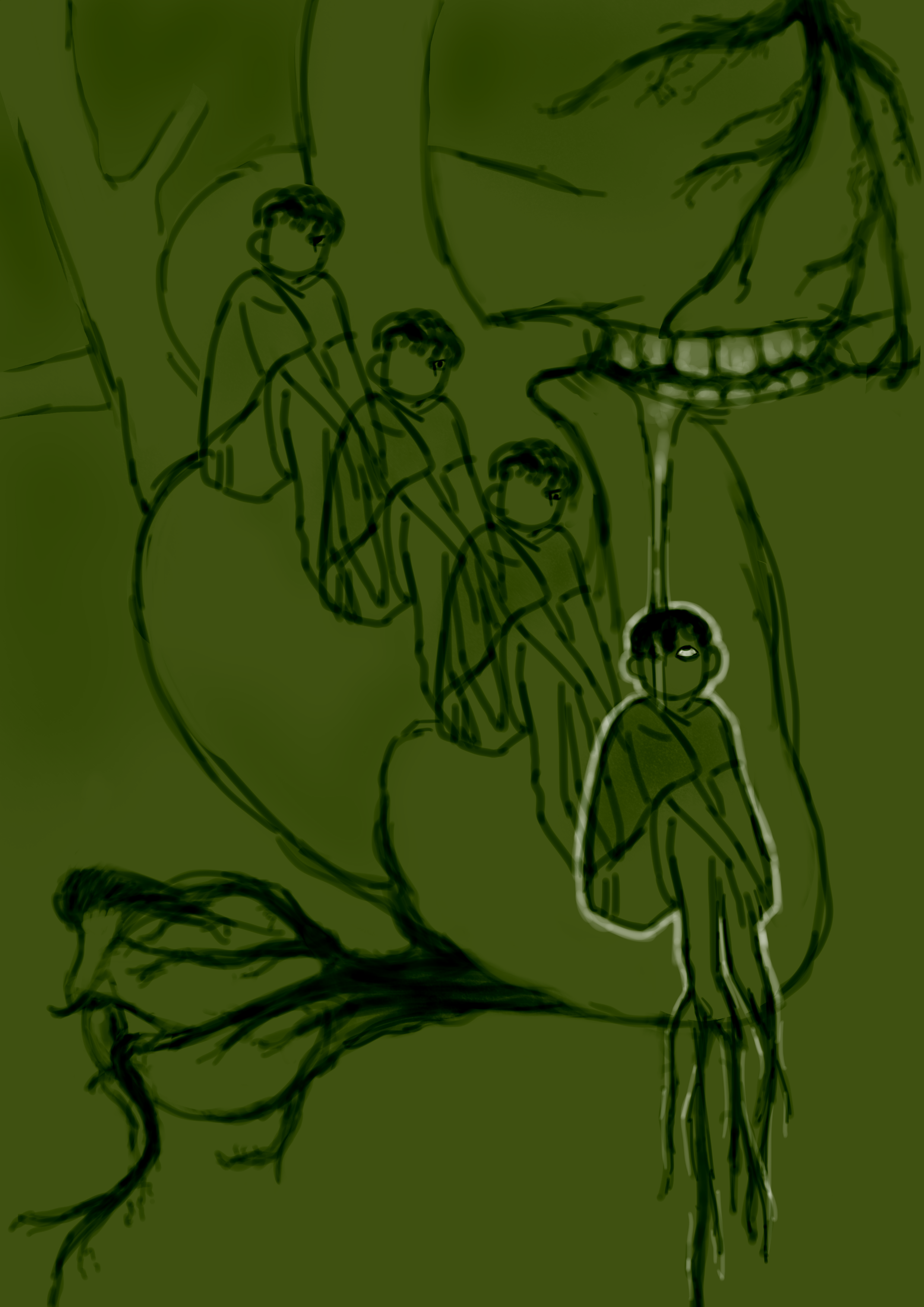 a dream-like green scale drawing. A row of 4 of the same person sit in the center, a realistic heart behind them. On top of the utmost right one a mouth drips saliva down, teeth bared. On the bottom left, an eyeball. Roots grow from the top right, into the gums of the mouth, out of the feet of the person, into the heart, and as the nerves surrounding the eye.