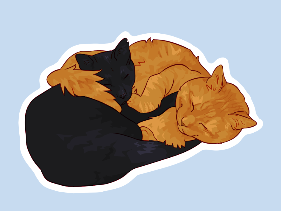 A digital drawing of a black cat and a fluffy orange cat curled together. The black cat has a notch in his left ear. The orange one has his tail around the black's neck. They're both facing the viewer with closed eyes, calm and sleepy. There's a white border around them, visible over the pale blue background.